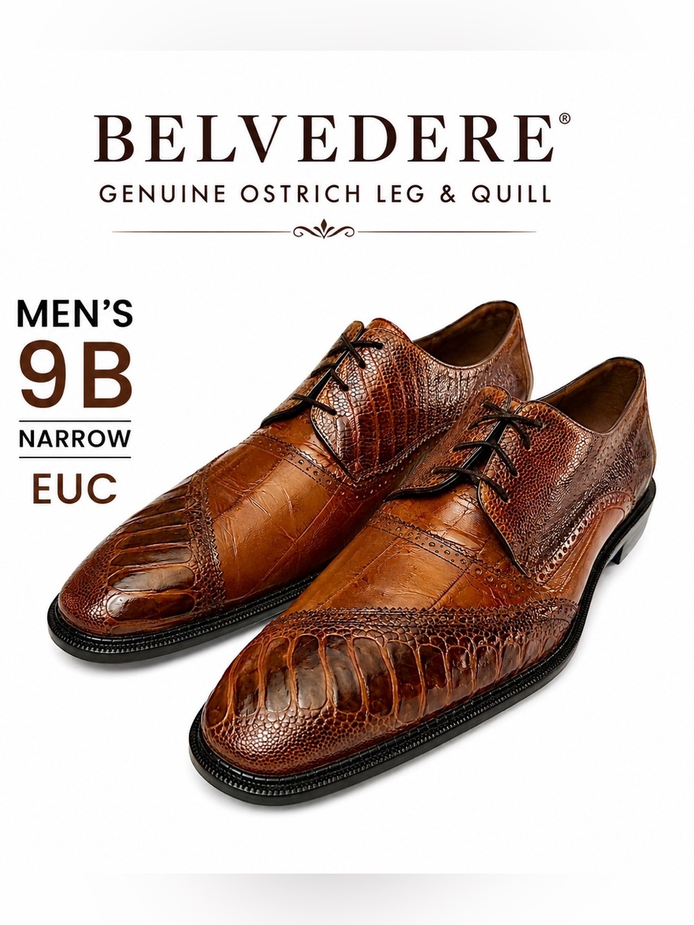 Belvedere Ostrich Leg & Quill Cognac Dress Shoes Men’s 9B Narrow EUC